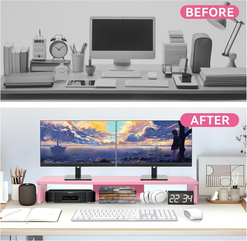 Qupui Dual Monitor Stand Riser, Large Computer Monitor Stand for Desk, Monitor Riser for 2 Monitors, Wood Desk Shelf for Top of Desk, Desktop Organizer for Computer, Laptop, Printer, TV, Pink - Image 4